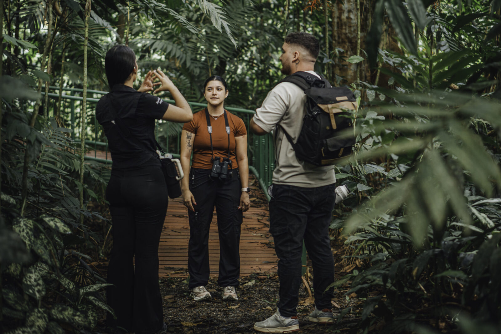 Guided group hiking on a lush rainforest trail during an Arenal guided tour